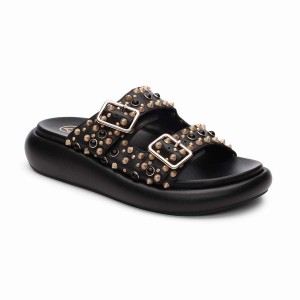 Black Women Ash Viking Studded Footbed Slides | 556704-010